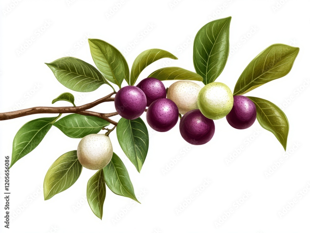 Mangosteen branch with fruits purple and green colors realistic Mangosteen branch with fruits purple and green colors realistic