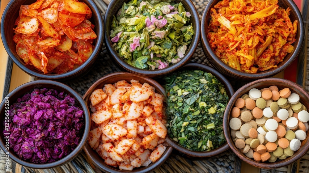 Assorted fermented vegetables and pills. Assorted fermented vegetables and pills.