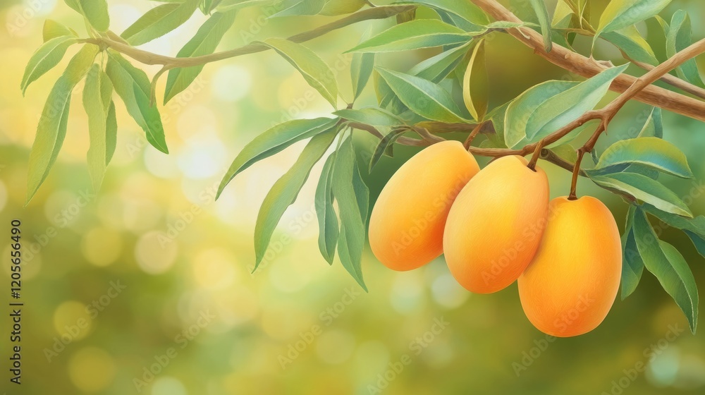 Ripe mangoes on tree branch raw style realistic color scheme Ripe mangoes on tree branch raw style realistic color scheme