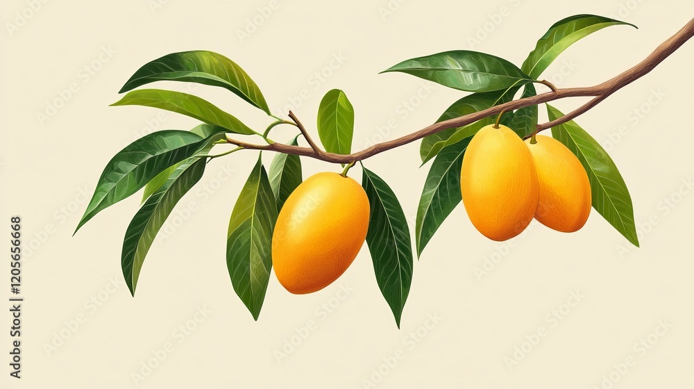 Ripe mangoes on tree branch raw style realistic color scheme Ripe mangoes on tree branch raw style realistic color scheme