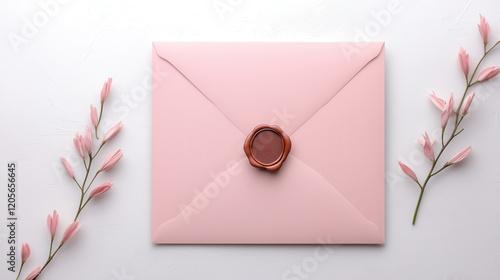 Concept of Intimate weddings shine with thoughtful decor. A pink envelope adorned with a wax seal, surrounded by delicate pink flowers on a white background, exuding elegance and charm.