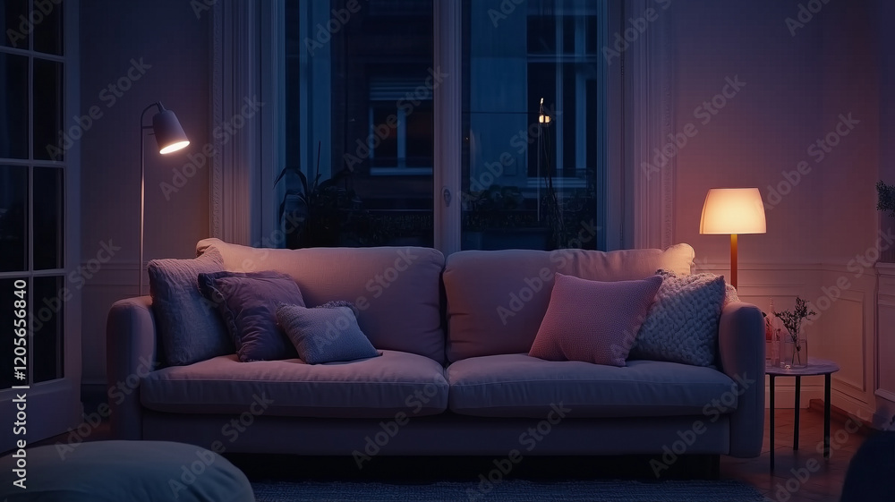 Fototapeta premium cozy living room with soft sofa, decorative pillows, and warm lighting creates serene atmosphere. evening glow enhances inviting ambiance of space