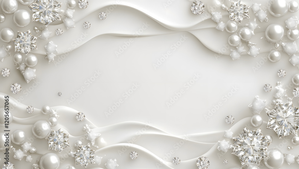 Fototapeta premium 3D wallpaper with a white background and a frame of pearls and diamonds.