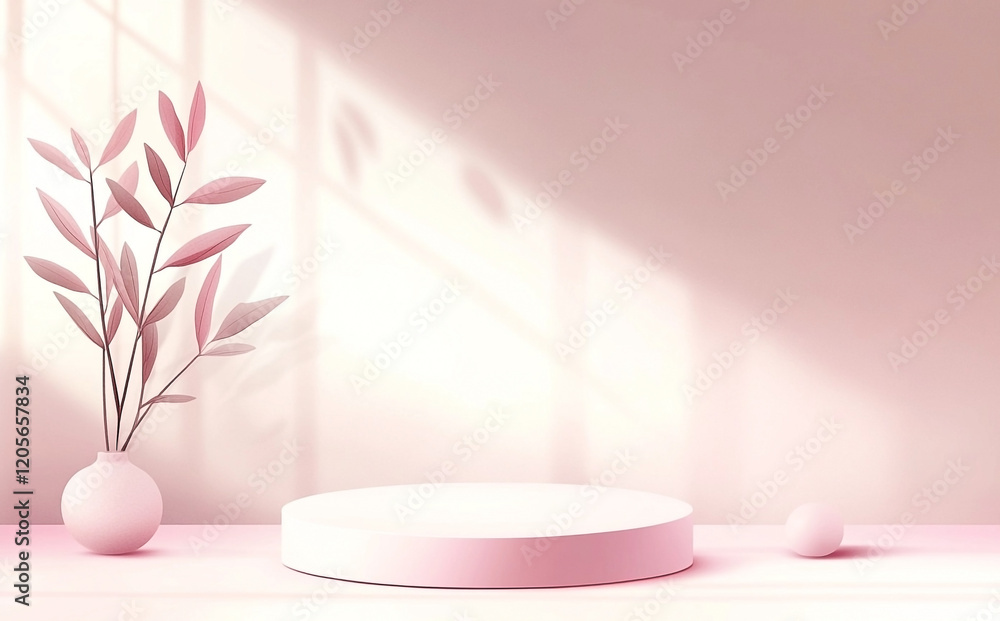 Minimalist Product Display Scene with Pink Background and Pastel Podium and plant decoration Minimalist Product Display Scene with Pink Background and Pastel Podium and plant decoration