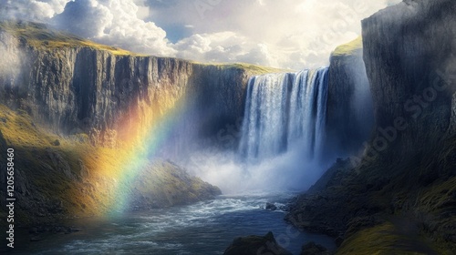 A powerful waterfall plunging into a deep canyon, with rainbows forming in the mist.