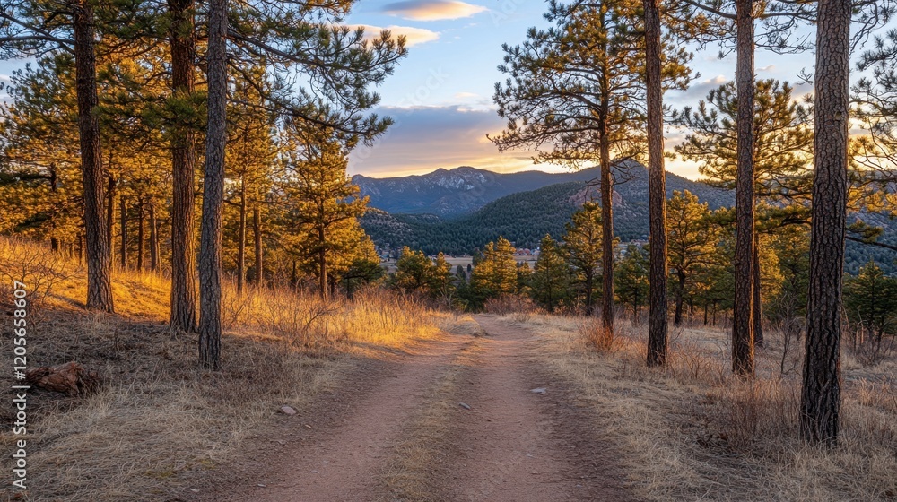 Golden light streaming through tall pines on a mountain trail at dawn. Golden light streaming through tall pines on a mountain trail at dawn.