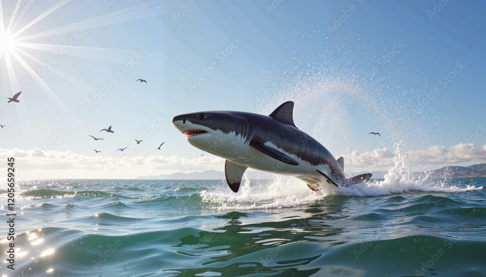 Fototapeta premium Great White shark breaching waves in the open sea, natural beauty