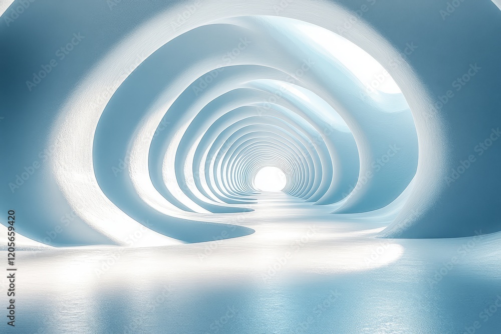 Fototapeta premium 3D render of abstract futuristic background with white and blue lines forming an open tunnel, minimal style, isolated on a pastel background.