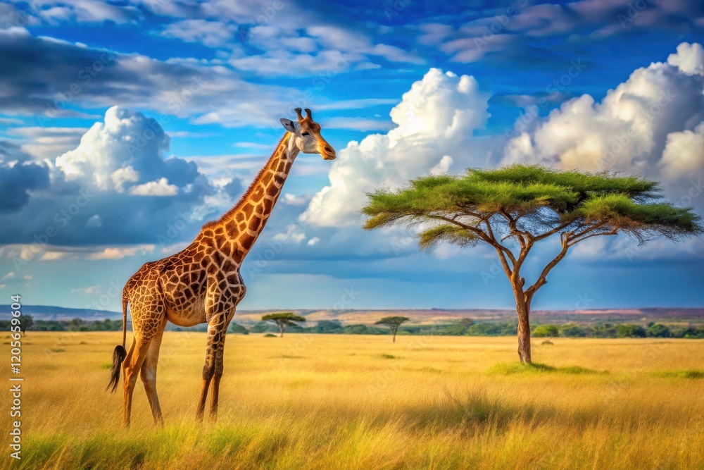 Obraz premium A graceful giraffe stands in a golden savanna, under a vibrant sky filled with fluffy clouds, near a solitary acacia tree.