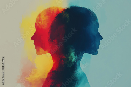 two faced concept duality mental health awareness concept red yellow blue grunge distressed illustration of 2 heads of person personality thoughts psychology psyche psychiatry counseling disorder