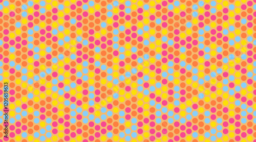 Seamless dotted pattern with colorful circles, ideal for textile fabrics, wallpaper, or abstract backgrounds. A trendy geometric design for creative decor.