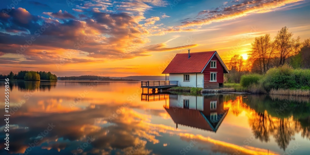 Fototapeta premium house on lake at sunset with red roof, scenic view, warm tones, scenic view