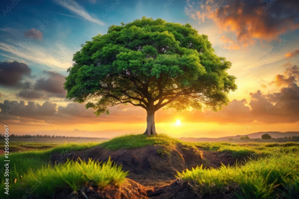 Fototapeta premium Serene Sunset Landscape Featuring a Majestic Lone Tree on a Verdant Hill