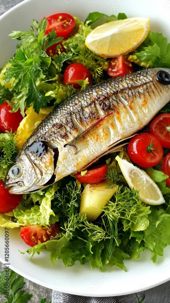 Freshly grilled fish served on a vibrant salad with cherry tomatoes and lemon slices Freshly grilled fish served on a vibrant salad with cherry tomatoes and lemon slices