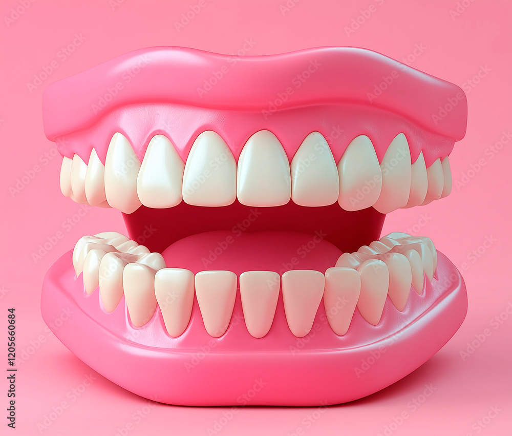 Complete Set of False Teeth (Dentures) with Pink Gums, Centered on a Pink Background. Complete Set of False Teeth (Dentures) with Pink Gums, Centered on a Pink Background.