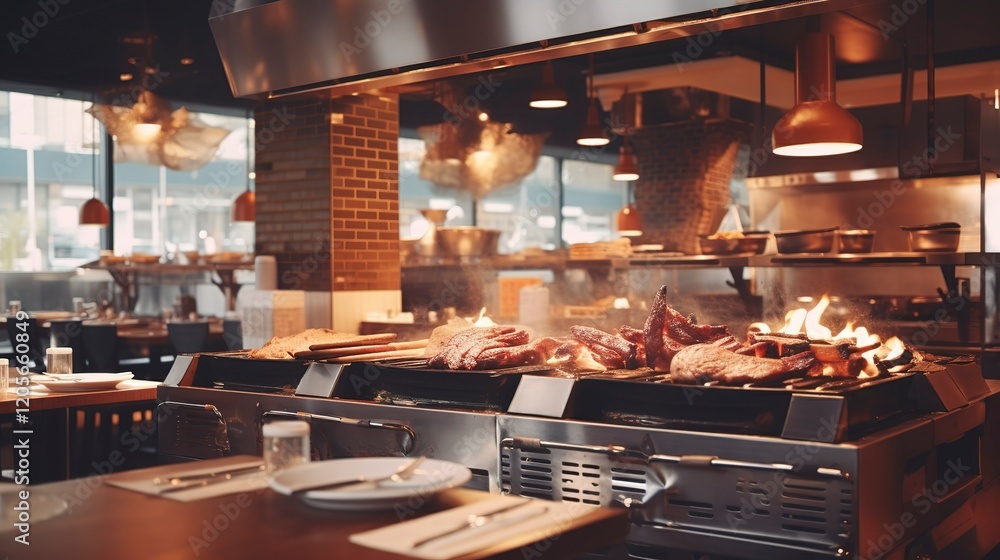 Fototapeta premium A photo of a Korean barbecue restaurant with grill