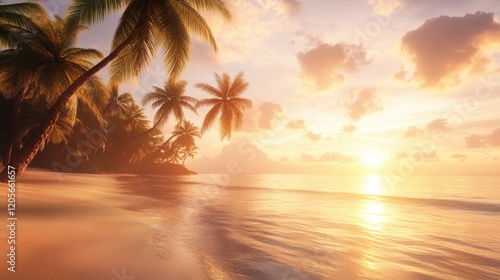 The rising sun creating a warm glow on distant islands visible from a quiet beach.