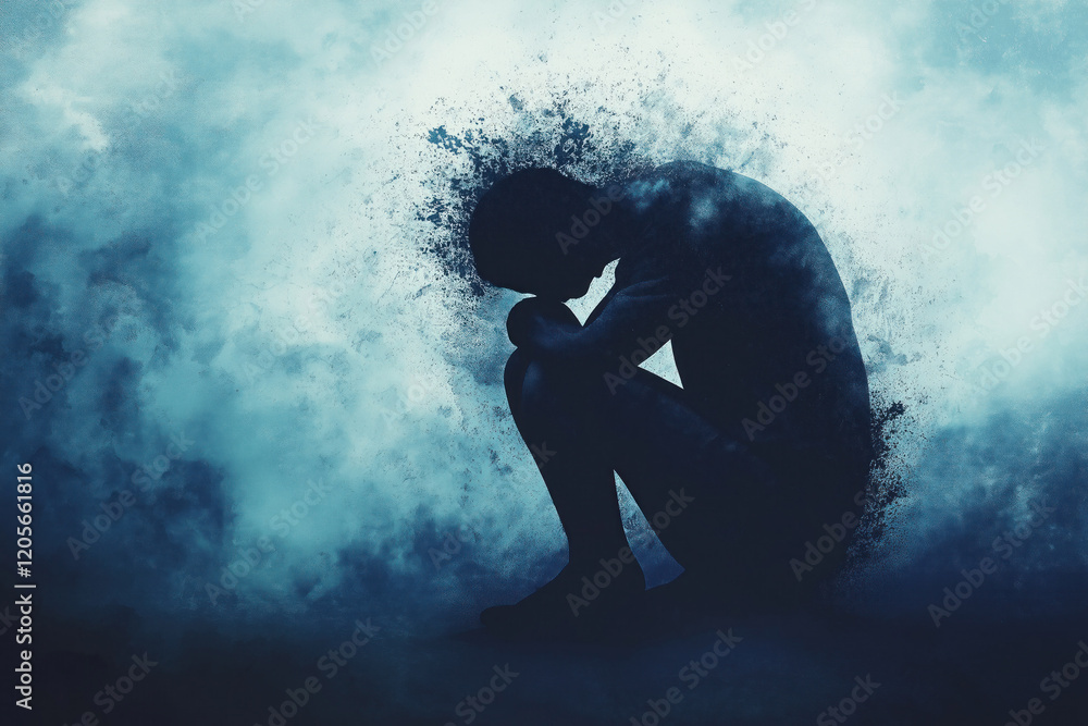 silhouette of a person with head bowed abstract illustration blue inky cloudy foggy sad depression upset mental health counseling psychology psychiatry background silhouette of a person with head bowed abstract illustration blue inky cloudy foggy sad depression upset mental health counseling psychology psychiatry background