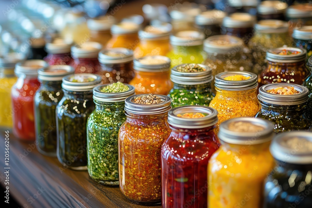 Sauce and Condiment Jars - Various sauces and condiments displayed in elegant glass jars on a kitchen counter. Sauce and Condiment Jars - Various sauces and condiments displayed in elegant glass jars on a kitchen counter.