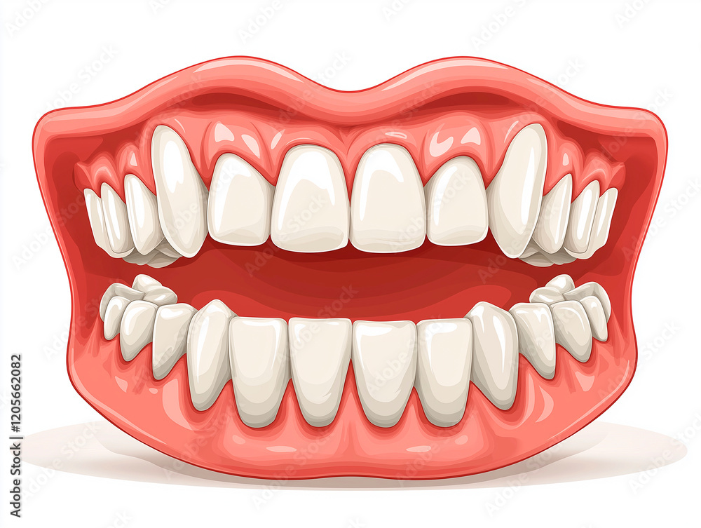 Fototapeta premium Complete Set of False Teeth (Dentures) with Pink Gums, Centered on a White Background.