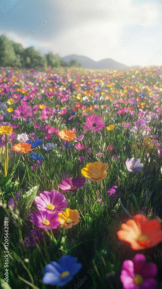 A vibrant field filled with colorful flowers swaying in the gentle breeze under a blue sky. A vibrant field filled with colorful flowers swaying in the gentle breeze under a blue sky.