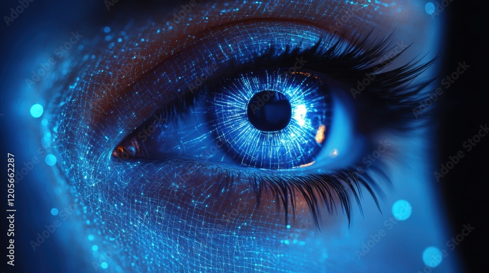 Futuristic digital eye with glowing blue technology elements and detailed eyelashes Futuristic digital eye with glowing blue technology elements and detailed eyelashes