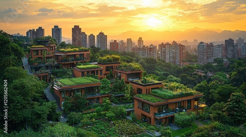 Sustainable Cityscape at Sunset: Green Roofs and Lush Landscape Blend Harmoniously