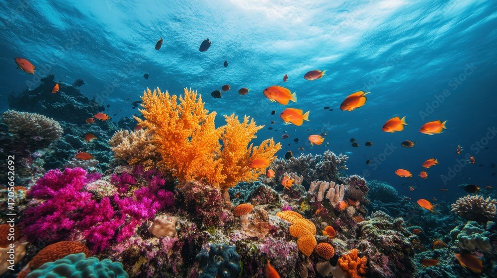 Naklejka premium A vibrant coral reef teeming with life, featuring colorful corals, tropical fish, and a crystal-clear ocean background.
