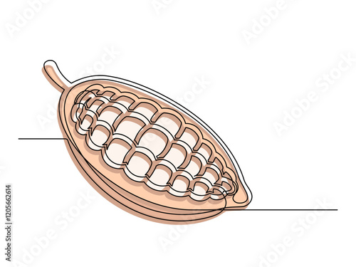Continuous one line colorful cacao beans plant isolated on white background. Simple vegetable silhouette. Hand drawn cacao beans outline. Vector illustration