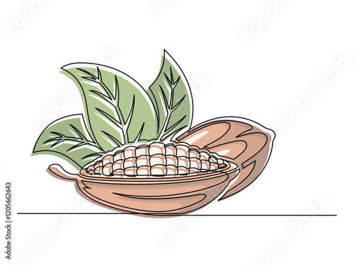 Continuous one line colorful cacao beans branch with leaves isolated on white background. Simple vegetable silhouette. Hand drawn cacao beans branch outline. Vector illustration