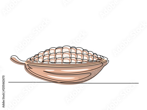 Continuous one line colorful cacao beans plant isolated on white background. Simple vegetable silhouette. Hand drawn cacao beans outline. Vector illustration