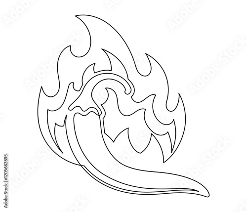 Chili pepper with fire line isolated on white background. Simple vegetable silhouette. Hand drawn chili pepper outline. Vector illustration