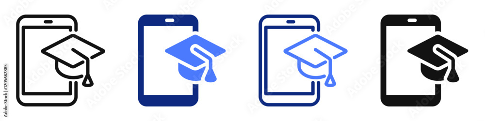 Vector icon or logo of mobile phone with graduation cap related to online education, e-learning, webinar. Symbol for website or app ui, logo design, illustration Vector icon or logo of mobile phone with graduation cap related to online education, e-learning, webinar. Symbol for website or app ui, logo design, illustration