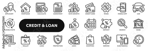 Set of vector line icons related to loan, bank credit rate, finance and investment. Symbols for website or app ui, logo design, illustration
