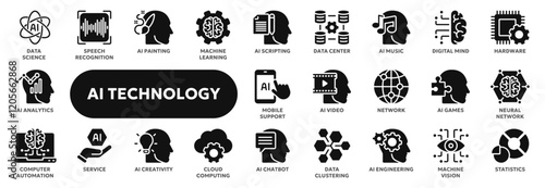 Set of vector solid icons related to artificial intelligence, machine learning, data science and analytics. Symbols for website or app ui, logo design, illustration