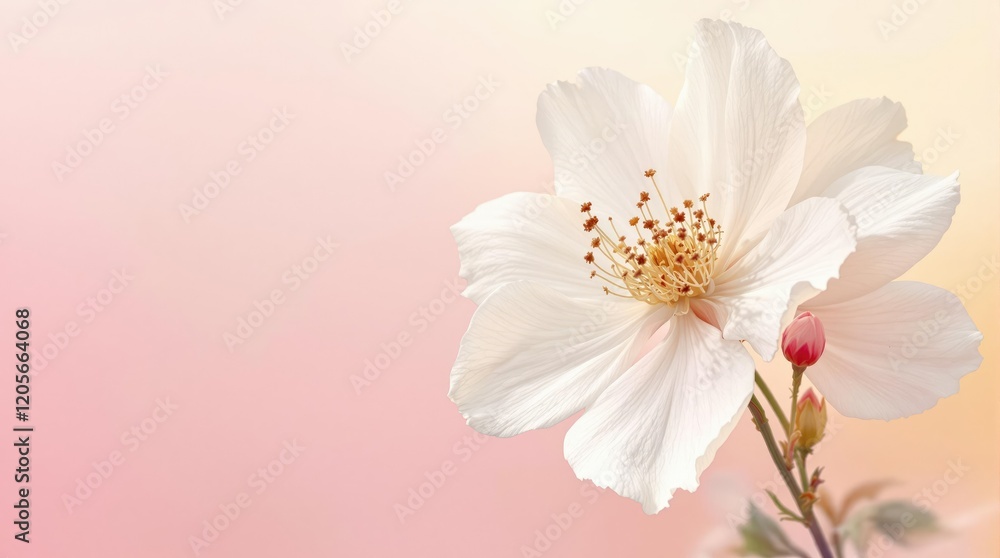 A close-up of a single white flower against a subtle gradient background featuring shades of pink and yellow, floral design, abstract background, delicate petals, gentle A close-up of a single white flower against a subtle gradient background featuring shades of pink and yellow, floral design, abstract background, delicate petals, gentle