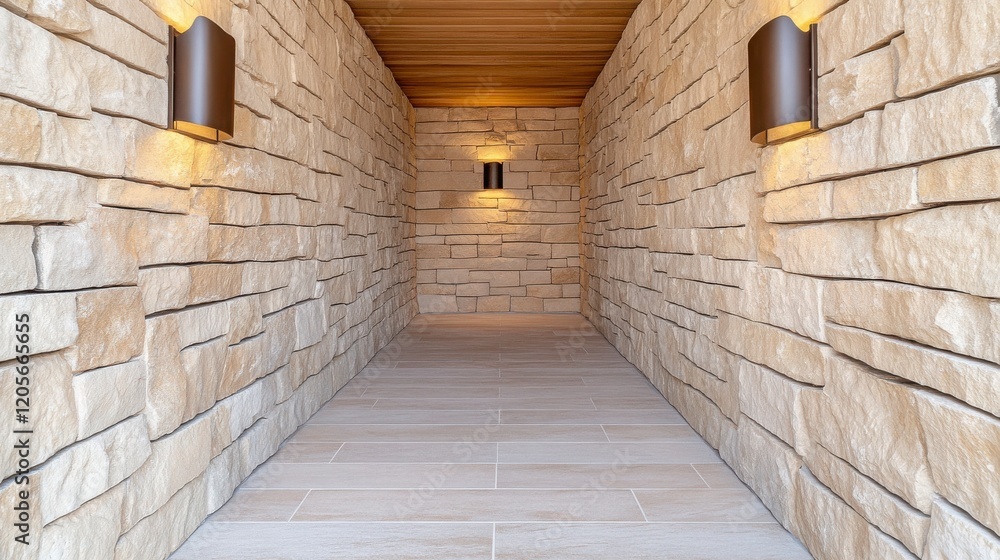 Fototapeta premium Interior hallway with natural stone walls and subtle lighting effects