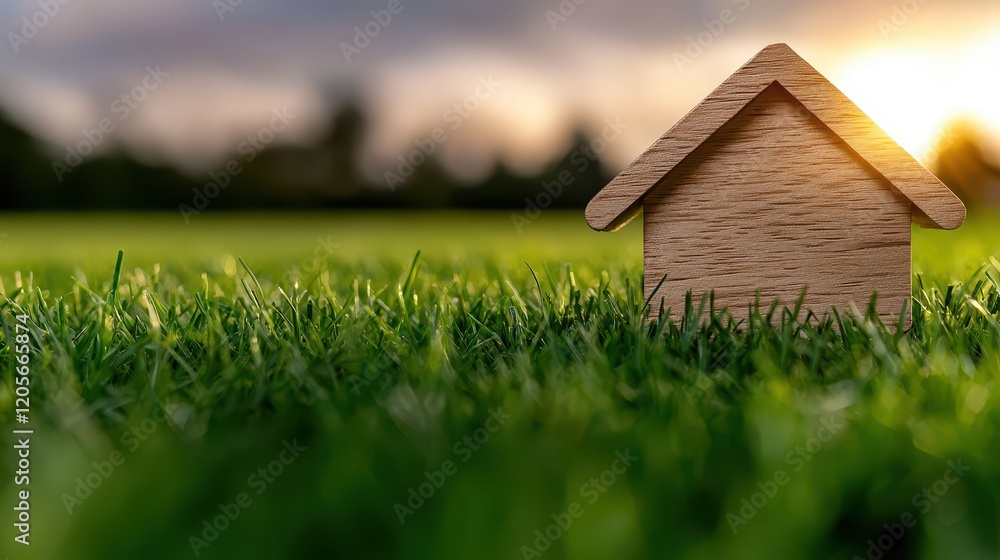 A wooden house model on lush green grass during a beautiful sunset. A wooden house model on lush green grass during a beautiful sunset.