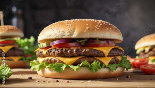 Wallpaper Mural A large sesame seed bun supporting a cheeseburger filled with beef patty, lettuce, tomato, and other toppings, tomato, toppings, food Torontodigital.ca