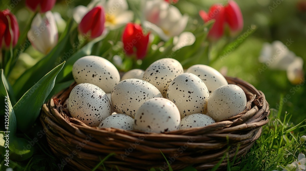 Speckled Eggs on a Grassy Lawn Basket Speckled Eggs on a Grassy Lawn Basket