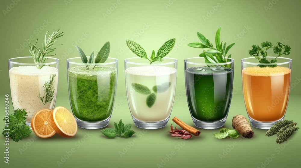 Fototapeta premium Ayurvedic detox drinks and herbs in green and gold theme