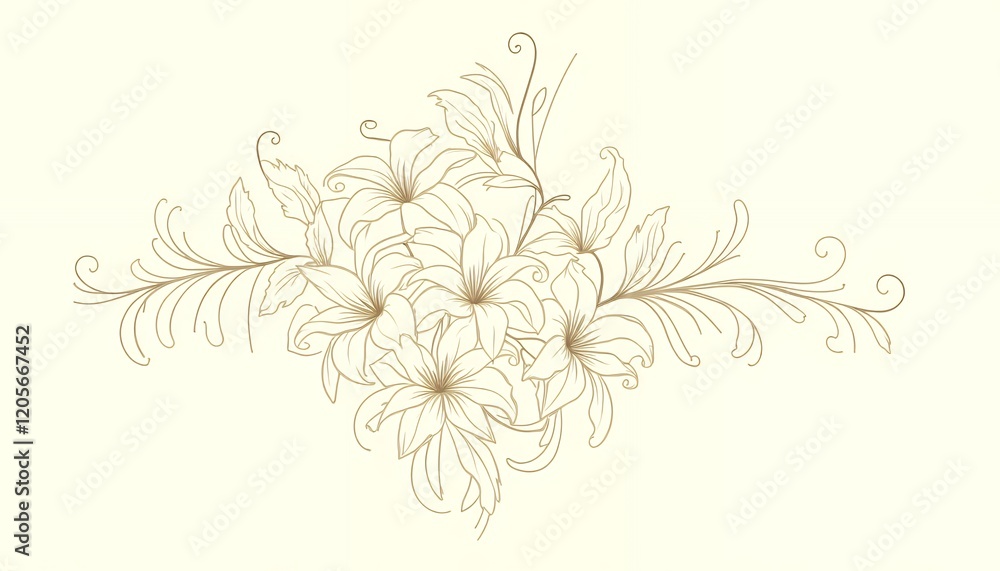 Elegant Golden Lilies Floral Design: A Delicate Line Art Bouquet Illustration Elegant Golden Lilies Floral Design: A Delicate Line Art Bouquet Illustration