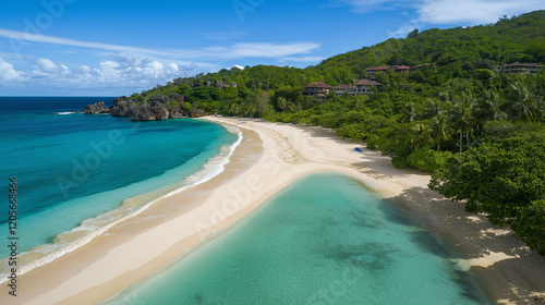 Bird's eye view of Seychelles beach with turquoise waters and white sand