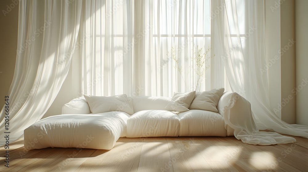 Fototapeta premium Modern interior displays elegant white sofa with flowing sheer curtains, natural sunlight streaming through windows, creating airy atmosphere in minimalist living space.