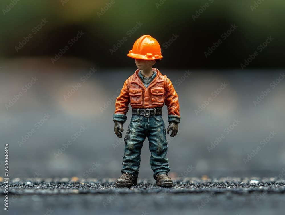 A miniature construction worker figurine stands on a surface, symbolizing industry and labor. A miniature construction worker figurine stands on a surface, symbolizing industry and labor.
