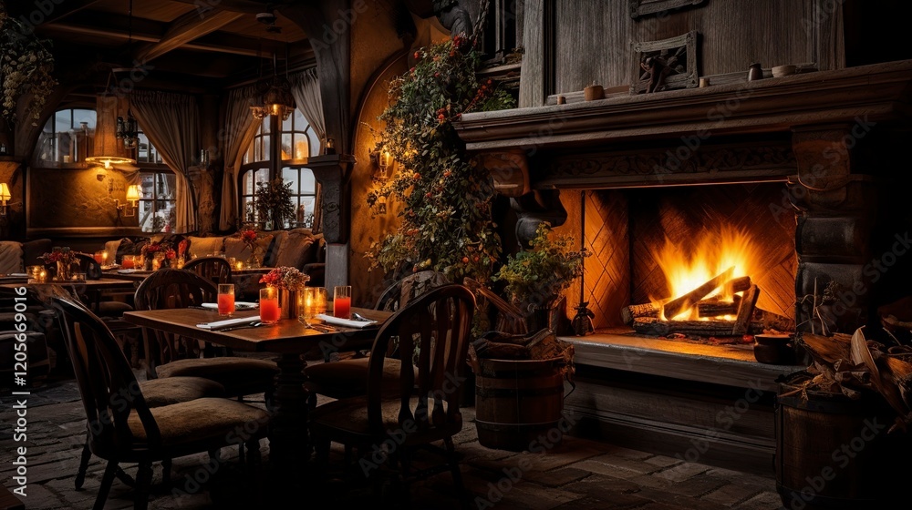 A photo of a pub-style restaurant with a cozy fireplace A photo of a pub-style restaurant with a cozy fireplace