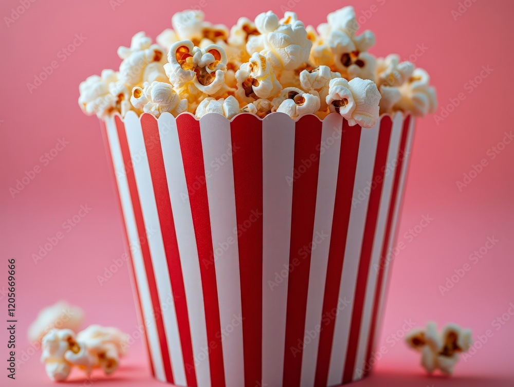 A striped popcorn bucket filled with fluffy popcorn against a pink background. A striped popcorn bucket filled with fluffy popcorn against a pink background.