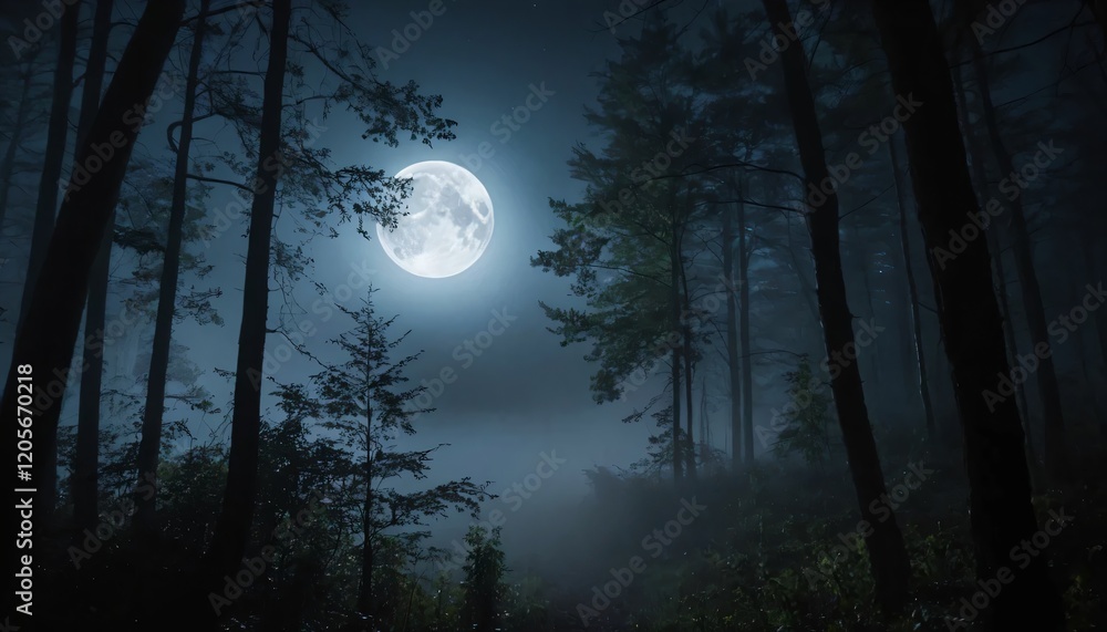 Naklejka premium Night view with a full moon shining softly through the thick fog in the forest