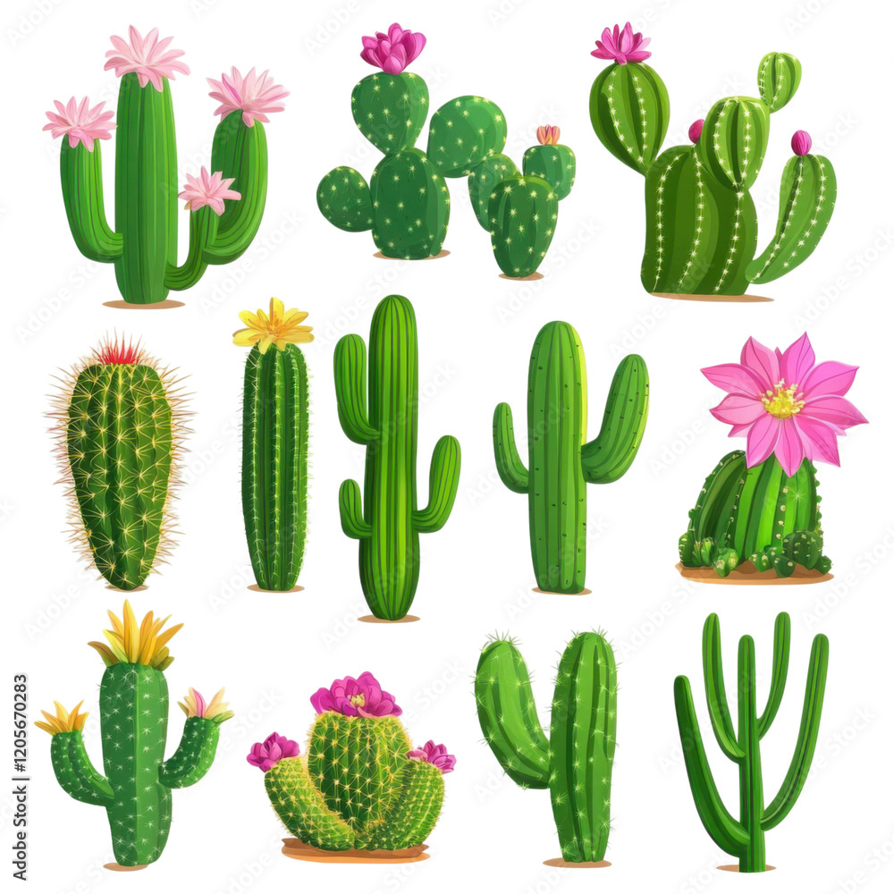 Vibrant Cacti with Colorful Flowers in a Desert Setting Vibrant Cacti with Colorful Flowers in a Desert Setting