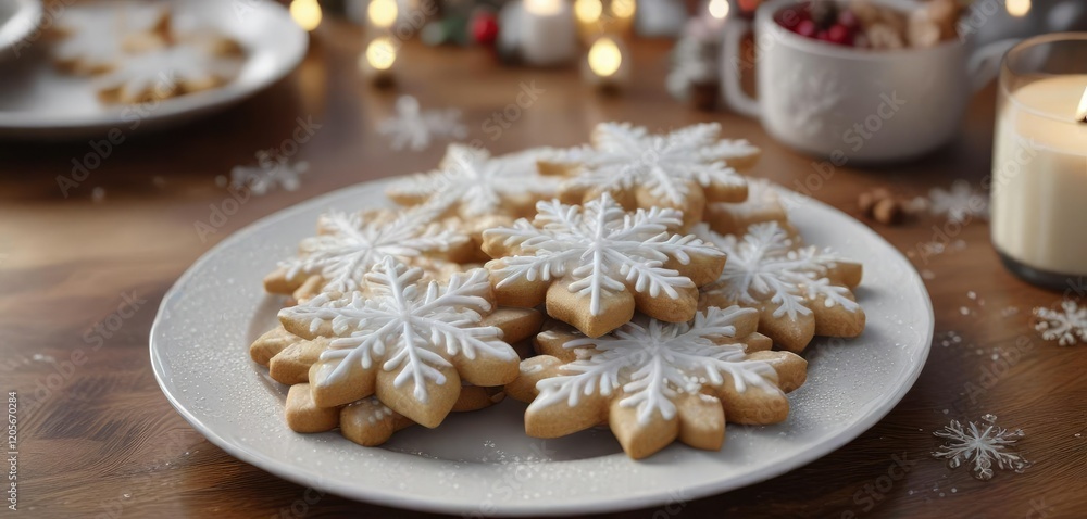 A plate of glittering snowflake-shaped cookies on a festive holiday table, glittery snowflakes, festive dessert